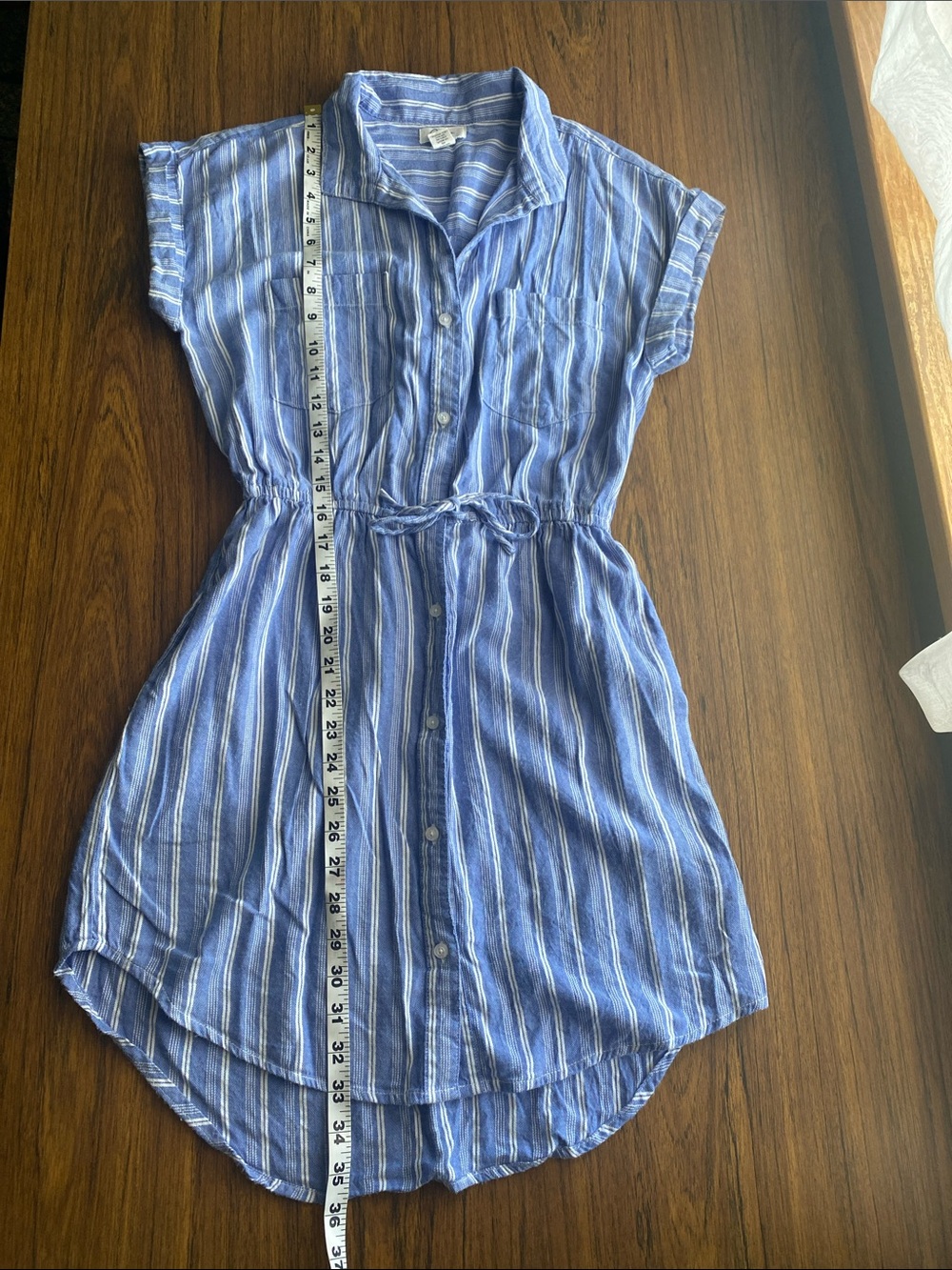 Striped Blue Button-Front Shirt Dress with Tie Waist